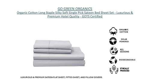 GO GREEN ORGANICS Organic Cotton Long Staple Silky Soft Single Pick Sateen Bed Sheet Set - Luxurious & Premium Hotel Quality - GOTS Certified - Solid Dyed (Grey Dawn, Queen (U.S. Standard)) GO GREEN ORGANICS