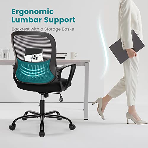 DUMOS Home Office Chair, Mid Back Computer Ergonomic Mesh Desk with Large Seat, Executive Height Adjustable Swivel Task with Lumbar Support and Armrest, for Adults, Black DUMOS