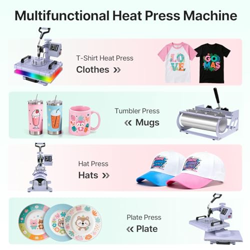 Slendor Heat Press Machine Sublimation Heat Press 360° Swing Away Heat Transfer Digital T-Shirt Pressing with 30OZ 20OZ Tumbler Press, Multifunction Combo for Hat Cap Plate 12''X15'' 5IN1 Lavender Slendor