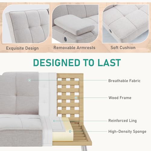 HAOMARKETS Futon Sofa Bed with USB Charging Port, Convertible Futon Couch with 2 Cup Holders,Modern Folding Loveseat Sleeper Couches for Small Spaces, Living Room, White HAOMARKETS