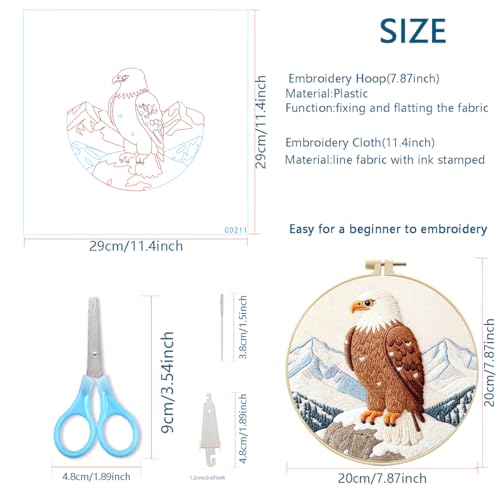 Zhenqing Eagle Embroidery Kit for Beginners, Pre-Printed 29x29cm Cotton Fabric with 20cm Hoop, Majestic Eagle on Snowy Mountain Design (C0211)
