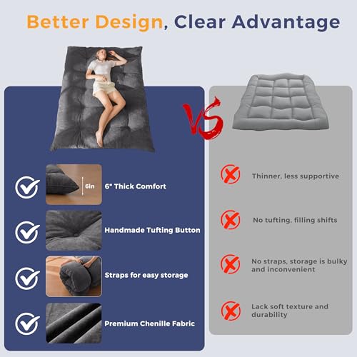 MAXYOYO Japanese Floor Mattress Full Size, 6" Foldable Futon Mattress Tufted Roll Up Floor Bed, Thick Polyester Tatami Mat Sleeping Pad for Camping Guest Room Dormitory Bedroom RV, Dark Grey MAXYOYO