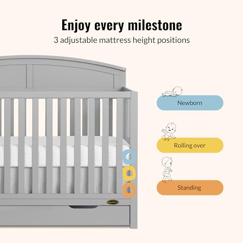 Dream On Me Storybrooke 5-in-1 Convertible Full-Size Crib with Under Drawer, Pebble Grey, GreenGuard Gold & BSA, Convert to Toddler, Day & Full-Size Bed, 3 Mattress Heights, Sustainable Pinewood