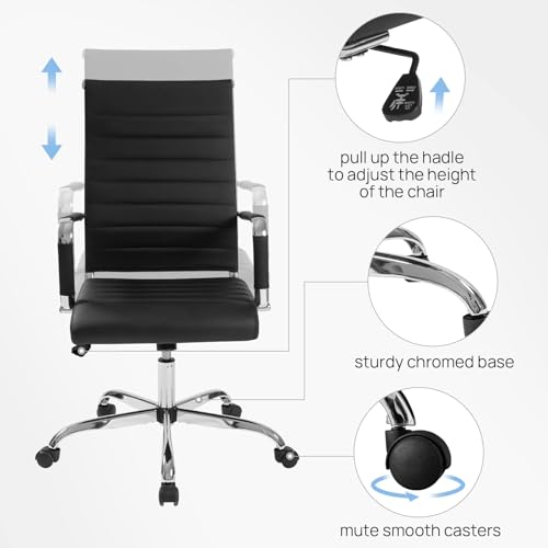 Walmokid Office Desk Chair with Wheels Set of 8, Ergonomic Black Leather Conference Room Chairs Height Adustable | Ribbed High Back | Swivel Rolling Task Chair, Black Walmokid