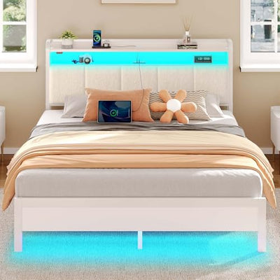 Rolanstar Bed Frame Queen Size with Charging Station and LED Lights, Upholstered Headboard with Storage Shelves, Heavy Duty Metal Slats, No Box Spring Need, Noise Free, Easy Assembly, White