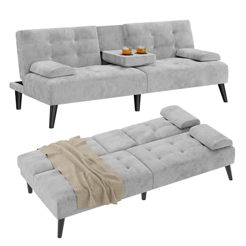 Shintenchi Futon Sofa Bed, Velvet Foldable Couch Reclining Sleeper w/Removable Armrests, Upholstered Loveseat w/Folding Cup Holders for Home, Office, Light Gray Shintenchi