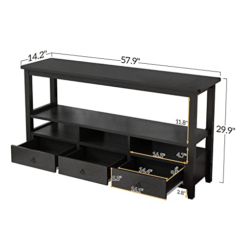 Karl home Console Table with 3 Bottom Drawers, 57.9" W Sofa Side Table Entryway Desk with 3 Storage Cubbies 1 Open Shelf, Vintage TV Stand for Hallway Living Room Office, Black 29.9" H Karl home