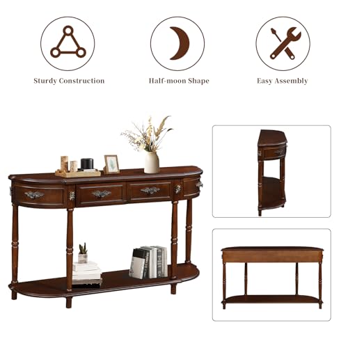 HMFULE Retro Curved Console Table, 52" Half Moon Console Table Sofa Table Entryway Table with 2 Drawers 1 Open Shelf Solid Pine Legs for Living Room,Entryway,Hallway,Cherry HMFULE