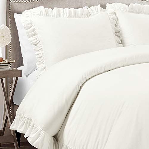 Lush Decor Reyna Ruffle Cotton Duvet Cover Set 3 Piece Set Full/ Queen, White - Queen Size Bedding Set - White Duvet Queen- Ruffled Bedding - Coquette Decor Lush Decor