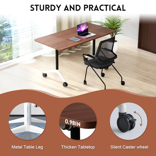 SOIUDNEB Folding Conference Table, Mobile Conference Table on Wheels, Large Flip-Top Conference Room Tables, Foldable Modular Rolling Training Table for Office Classroom (2, Walnut, 47.2in) SOIUDNEB