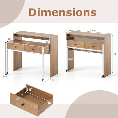 Tangkula Extendable Computer Desk with 2 Drawers, Small Writing Desk with Pull Out Secondary Desk, Console Table, Wood Study Workstation, Laptop Desk for Small Space Home & Office (Natural) Tangkula