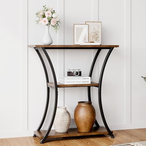 Trironsun Rustic 3-Tier Console Table with Open Shelves Narrow Entryway Table with Curved Metal Frame Slim Sofa Table for Hallway Living Room or Foyer (Rustic Brown) Trironsun