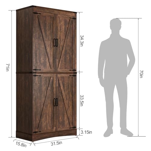 Farmhouse Tall Kitchen Pantry Cabinet with Adjustable Shelves and Barn Doors - 71" Brown Storage Solution Hlivelood