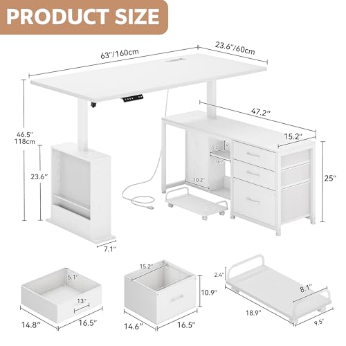 Homiflex 63" L Shaped Standing Desk with 3 Drawers Electric Adjustable Height Desk Corner Standing Desk with Storage Computer Game Desk with Power Outlets Computer Tower Stand for Home Office, White Homiflex