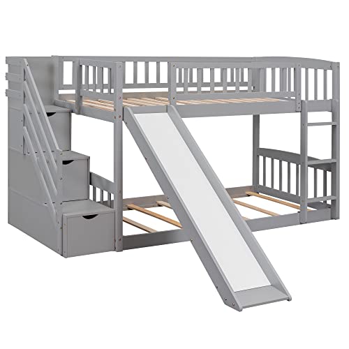 RuiSiSi Twin Bunk Bed with Slide and Stairs, Wood Low Bunk Bed Frame with Storage Stairs & Safety Guard Rails, Space-Saving Floor Bunk Beds for Kids Boys Girls, Grey RuiSiSi