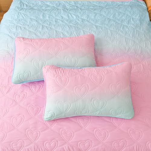 Xruibed Pink Quilt Set Twin Size Ombre Blue Pink Mint Quilt Sets Kids Girls Bedding Set 2PCs Summer Reversible Lightweight Microfiber Bedspread Coverlet Sets for All Season (68''x86'') Xruibed