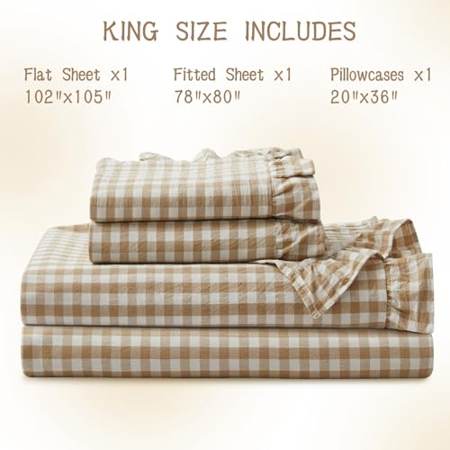 KKJIAF 4 Pieces Plaid Ruffle King Size Sheets Set, Cotton Gingham King Sheet Set Linen Feel Comfy Breathable Ruffed Plaid Bed Sheet Set with 16 Inches Deep Pocket, Taupe KKJIAF