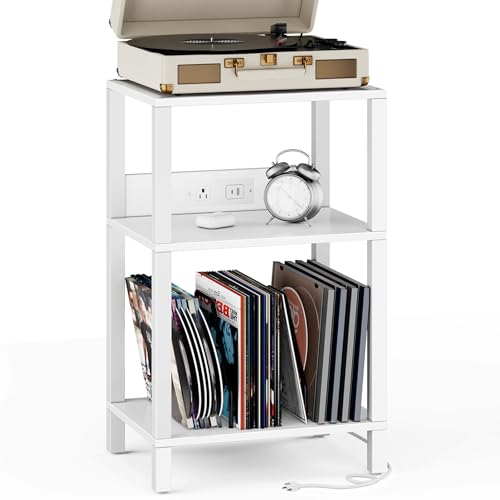 TUTOTAK Record Player Stand with Storage Up to 100 Albums,Record Storage Table,3 Tier End Table with Charging Station,Side Table for Living Room, Bedroom, White TB01BW076 TUTOTAK