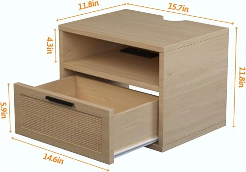 iyrany Floating Nightstand Set of 2 with Charging Station, USB Ports & Outlets, Wall Mounted Nightstands with Drawer and LED Light Strip, Small Oak Rattan Bedside Shelves iyrany