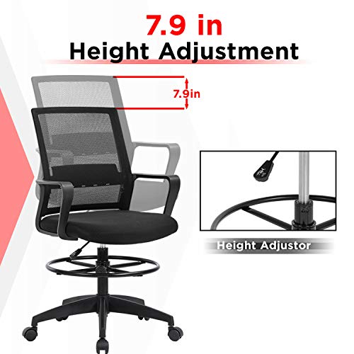Drafting Chair Tall Office Chair Mesh Ergonomic Mid-Back Desk Chair with Adjustable Foot Ring for Executive Computer Standing Desk, Black FDW