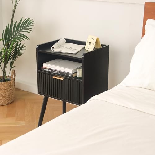 AWASEN Black Fluted Nightstand, Modern Bedside Table with Storage Drawers, Small Night Stand Bed Side Table with Solid Wood for Living Room, Bedroom, Office and Small Space (Black) AWASEN