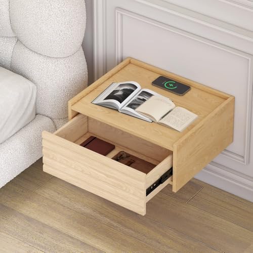 homary Floating Wooden Nightstand with Light & Charging Station, Wall Mounted Nightstand with Drawer, Wireless Charging, USB Ports, Modern Natural Floating Bedside Table for Bedroom homary
