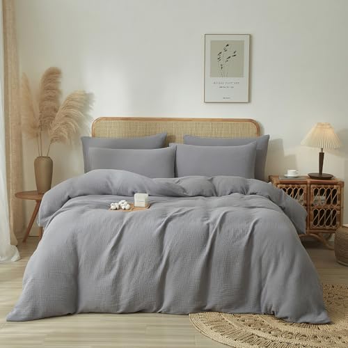 YASMENG 100% Cotton Muslin Duvet Cover Set King Size Grey, Ultra Soft Breathable Absorbent Gauze Bedding Duvet Cover, Luxurious Minimalist Natural Wrinkle Linen Textured Comforter Cover 104" x 90" YASMENG