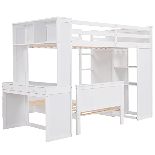 Harper & Bright Designs Twin Over Twin Bunk Bed with Desk, Storage, Solid Wood Bunk Bed with Shelves and Wardrobe, Twin Size Loft Bed with a Stand-Alone Bed for Kids Teens Adults - White Harper & Bright Designs