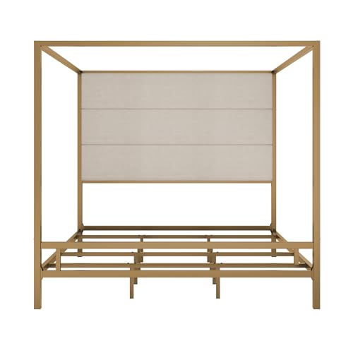 Merax King Size Gold Metal Canopy Bed Frame, Modern Upholstered Linen Headboard with Tall Back Support, 800 lbs Weight Capacity, Luxurious 4-Poster Bedroom Furniture for Modern Home, Gold+Tan