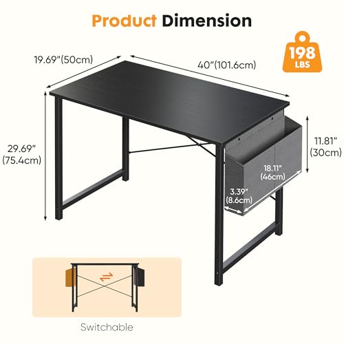 NEWBULIG 40 Inch Computer Desk Home Office Desks for Bedroom Writing Gaming Work Study Table with Storage Bag for Small Spaces, Modern Workstation in Matte Black NEWBULIG