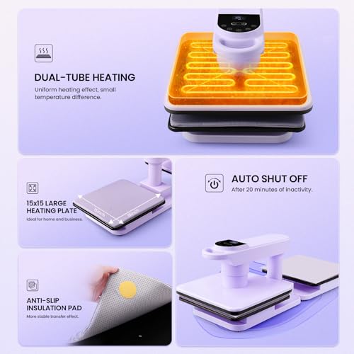 Dual Workbench Auto Heat Press Machine, 360° Swing Away 15x15 Smart T-Shirt Press with Auto Release & Auto-Off & 7-Level Auto Pressure, Higher Heating Height for HTV, Sublimation, Heat Transfer Whubefy