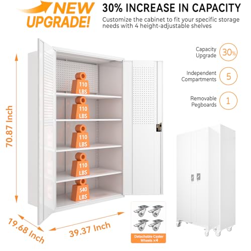 Upgraded Tall & Wide Metal Storage Cabinet with Doors & 4 Adjustable Shelves | Heavy-Duty Black Lockable Garage Cabinet with Wheels & Pegboard for Office, Gym, Basement, Warehouse (White) basenji