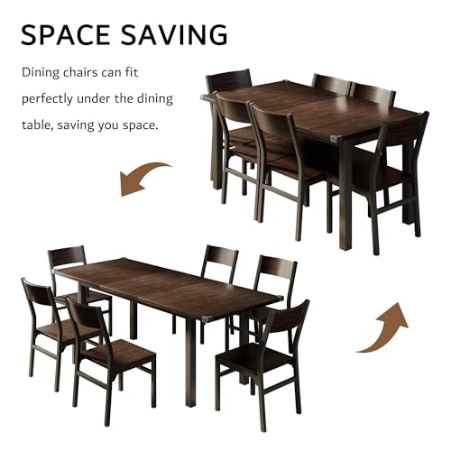 iPormis 7 Pieces Dining Table & Chairs Set for 4-6, 63" Extendable Kitchen Table and 6 Chairs, Dining Room Table with MDF Board & Metal Frame, Perfect for Small Space, Easy Clean, Espresso iPormis