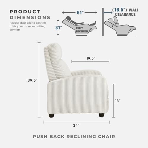 Lexicon Corduroy Pushback Recliner Chair Armchair Push Back Recliner, Solid Wood Frame and Metal Base, Easy Assembly Small Soft Single Sofa Accent Chair for Living Room/Office/Apartment, Beige