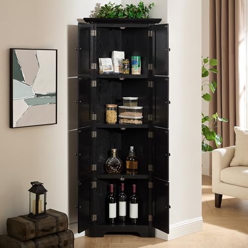 EMOBACO 72" Tall Corner Cabinet, 4-Tier Kitchen Pantry Storage Cabinet with 8 Doors and Adjustable Shelves, Home Farmhouse Bookshelf for Office Bathroom, Living Room, Black EMOBACO