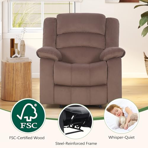 ANJ Fabric Recliner Chair with Overstuffed Arm and Back, Comfy Chocolate Manual Reclining Chairs for Adults, Living Room Single Sofa Recliners