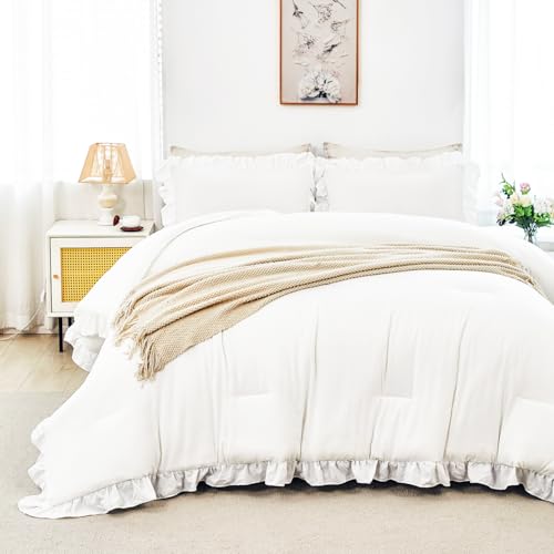 ANGIYUIN White Ruffle Comforter Set Twin 5 Pieces Ruffled Bed in A Bag with Sheets Soft Farmhouse Bedding Sets for Kids Girls Teens(White Twin) ANGIYUIN