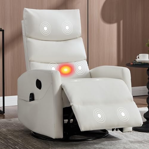 Manual Swivel Rocker Recliner Chair for Adults, Overstuffed Glider Recliner for Nursing with Vibration Massage & Heat, Living Room Rocking Recliner 3-Stage backrest, Faux Leather White