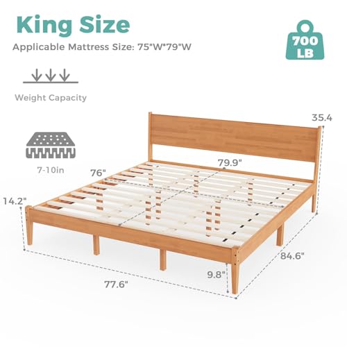 MORDEER King Size Bed Frame and Headboard, Malaysian Oak King Bed Frame with Storage, Modern Platform Bed Frame with Headboard, No Box Spring Needed, Easy Assembly, Rustic Pine MORDEER