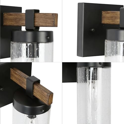 KSANA Black Wall Sconces, Farmhouse Faux Wood Wall Light Fixtures with Seeded Glass Shade for Bedroom, Bathroom, Living Room KSANA