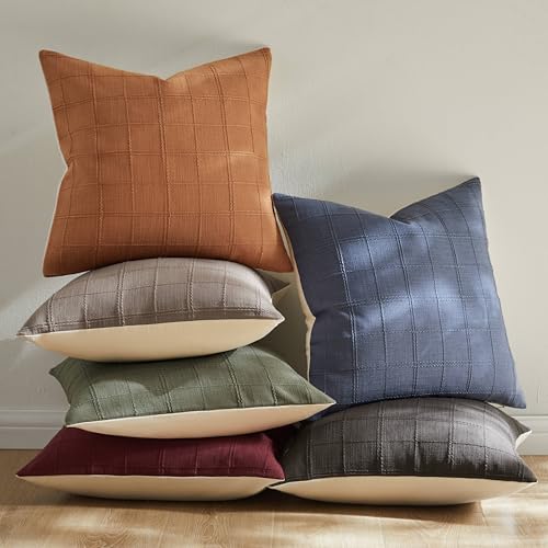 ZeeMart Linen Checked Throw Pillow Covers Set of 2, 18x18 Inch Blue/Cream, Farmhouse Decorative Single Sided Grid Embroidered Couch Pillow Cases Dusty Blue Cotton Linen Cushion Covers ZeeMart