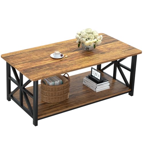 GreenForest Coffee Table with Round Corner, Farmhouse Center Table with 2-Tier Storage Shelf X-Frame Design for Living Room, 39 inch Walnut GreenForest