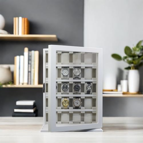 TimelyBuys 20 Piece White Wood Watch Display Wall Hanging Case and Storage Organizer Box and Stand for Oversized Watches TIMELYBUYS