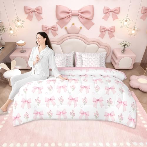 Erosebridal Bow 7 Piece Comforter Set Twin Bed in a Bag for Girls Kids,Girly Pink Floral Coquette Bedding Sets for Child Bow Ribbon Heart Shaped Quilt Dreamy Princess Style Sheet Set with Comforter Erosebridal