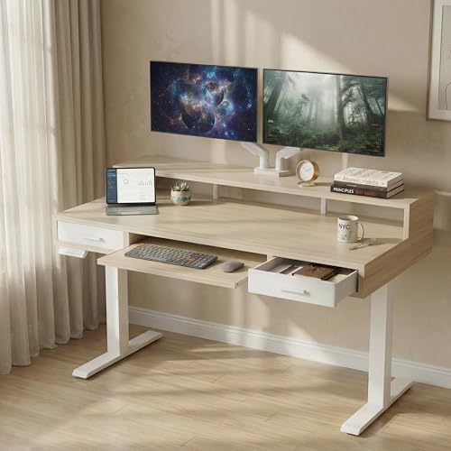 HUANUO 55″ x 26″ Electric Standing Desk with 2 Drawers &24.4″ Large Keyboard Tray, C-Clamp Mount Compatible, Adjustable Computer Desk for Office, Sit Stand Up Desk with 4 Height Presets, Light Walnut HUANUO