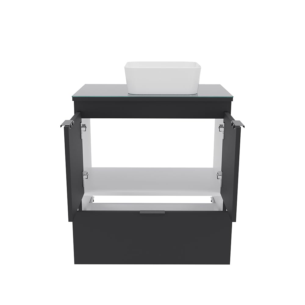 COZIMAX Cabinet and Sink Soul 24" Floating Bathroom Vanity with White Ceramic Sink, Tempered Glass Countertop, Soft Close Doors, 1 Drawer, Wall Mount (Black) COZIMAX