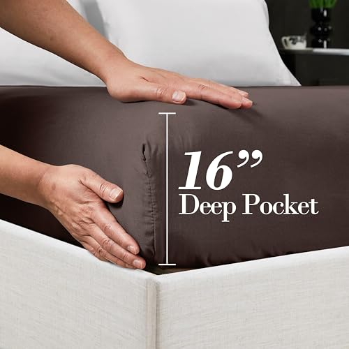 Mocassi King Fitted Sheet - Deep Pocket Cooling Sheets up to 16 inch - Hotel Luxury 1800 Premier - Softest Sheets - Wrinkle Resistant - 1 Single Bottom Fitted Sheet, King, Brown Mocassi