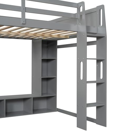 Full Size Gaming Loft Bed with Desk & RGB Light & Open Wardrobe,Wooden Loft Bed Frame with Storage Shelves,Safety Guardrails,Ladder and Under Bed play Space for Teens Adults,No Box Spring Needed,Grey Harper & Bright Designs
