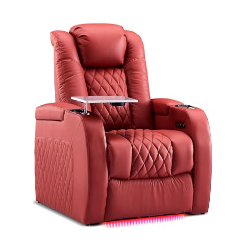 PBRO Home Theater Seating Genuine Leather Recliner Chair, Power Reclining & Headrest, USB A/C Charging Ports, Tray Table, Cup Holder Ambient Lighting Red Row of 1