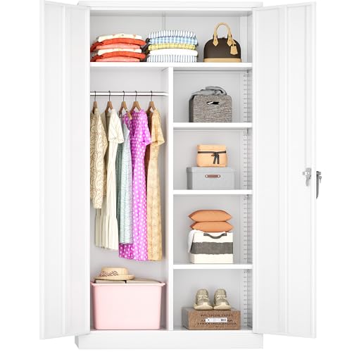 Greenvelly Metal Wardrobe Cabinet with Locking Doors, 72" H x 36" W White Metal Wardrobe Closet Cabinet with Hanging Rods and Adjustable Shelves, Steel Storage Closet for Home, Office, Employee, Gym Greenvelly